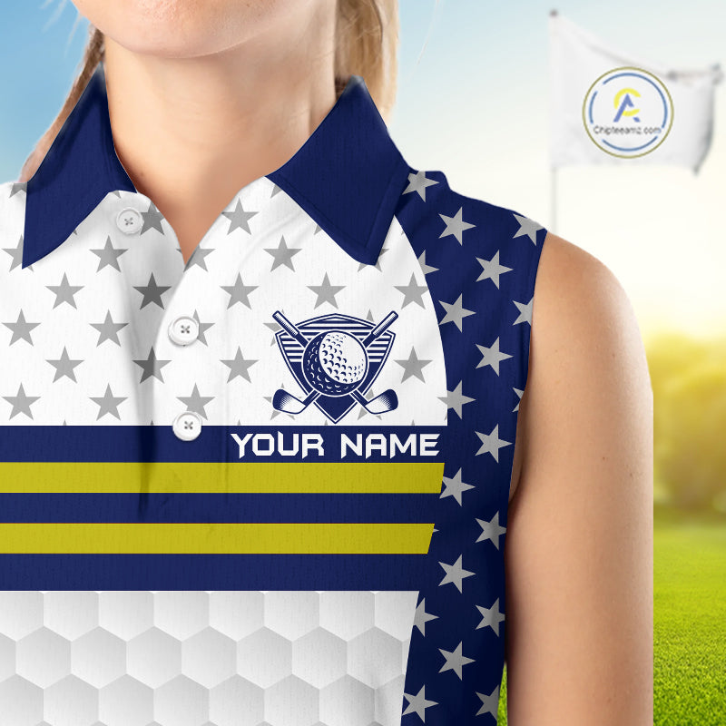 American Flag Womens Golf Sleeveless Polo Shirt Custom Yellow And Blue Patriotic Golf Team Shirt Golf Tops NYN4042