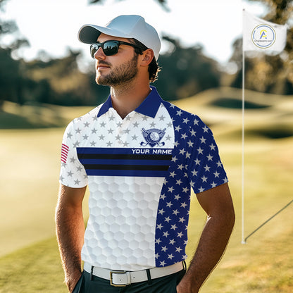 American Flag Mens Golf Polo Shirt Custom Black And Blue Patriotic Golf Team Shirt Golf Tops NYN4043