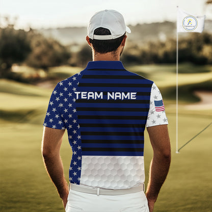 American Flag Mens Golf Polo Shirt Custom Black And Blue Patriotic Golf Team Shirt Golf Tops NYN4043
