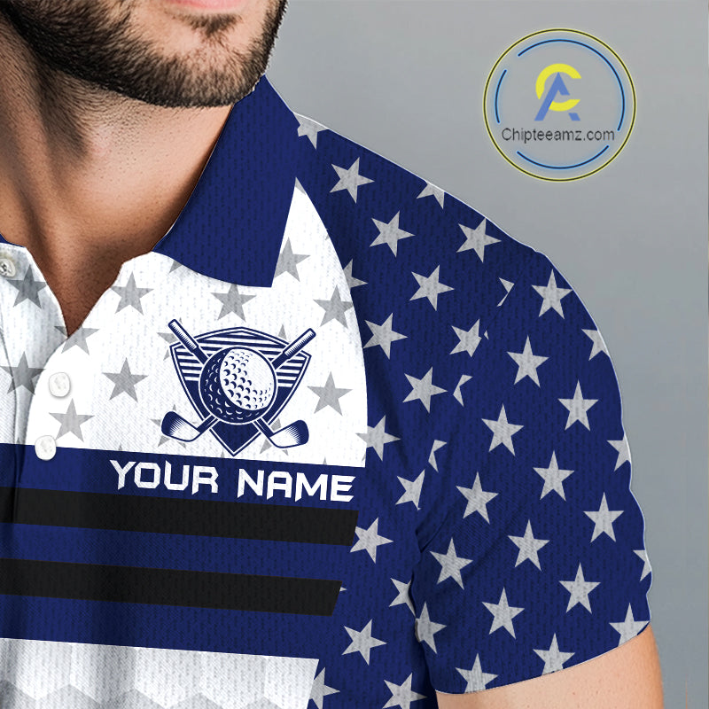 American Flag Mens Golf Polo Shirt Custom Black And Blue Patriotic Golf Team Shirt Golf Tops NYN4043