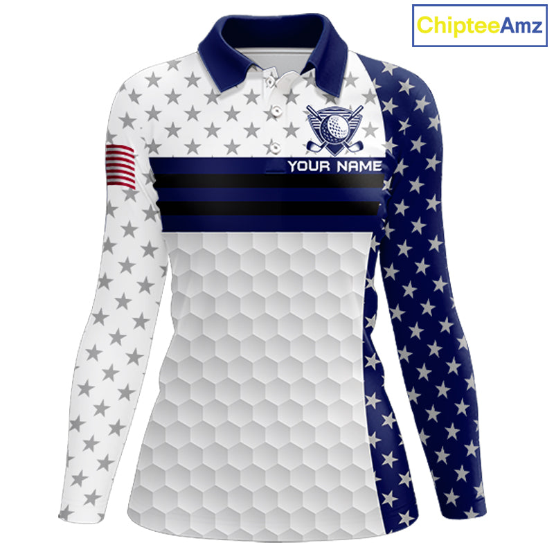 American Flag Womens Golf Polo Shirt Custom Black And Blue Patriotic Golf Team Shirt Golf Tops NYN4043
