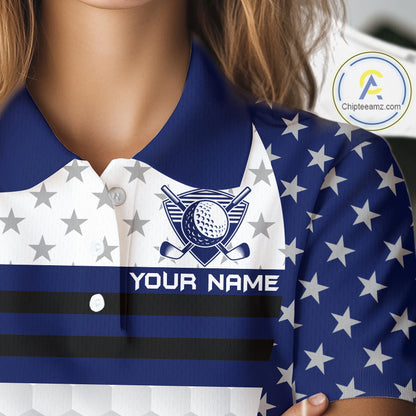American Flag Womens Golf Polo Shirt Custom Black And Blue Patriotic Golf Team Shirt Golf Tops NYN4043