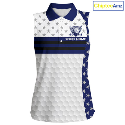 American Flag Womens Golf Sleeveless Polo Shirt Custom Black And Blue Patriotic Golf Team Shirt Golf Tops NYN4043