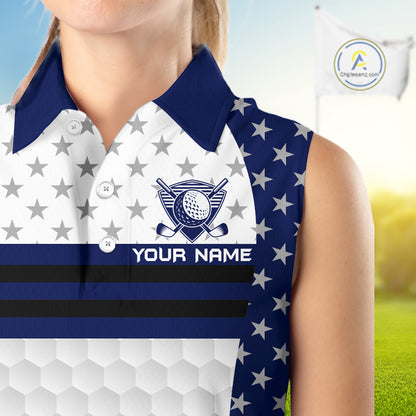 American Flag Womens Golf Sleeveless Polo Shirt Custom Black And Blue Patriotic Golf Team Shirt Golf Tops NYN4043