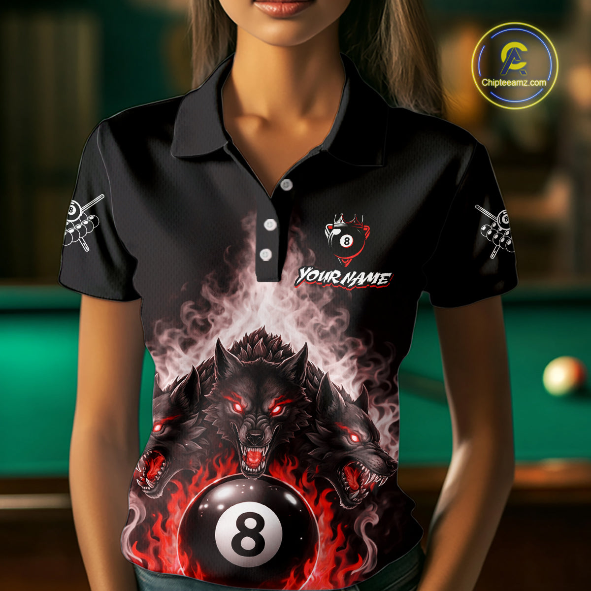 Custom Horror Wolfs Black Red Smokes Pool 8 Ball Women's Billiard Team Shirt Billiard Attire NYN2668