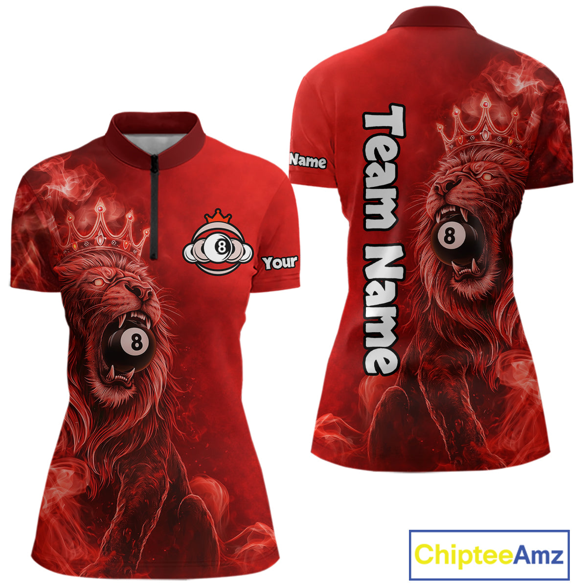 Personalized Red Grunge Smoke Crown Lion 8 Ball Pool Billiard Shirts For Women Billiard Attire Gifts NYN2826