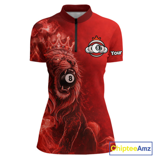Personalized Red Grunge Smoke Crown Lion 8 Ball Pool Billiard Shirts For Women Billiard Attire Gifts NYN2826