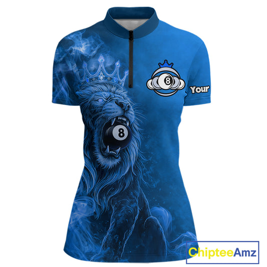 Personalized Blue Grunge Smoke Crown Lion 8 Ball Pool Billiard Shirts For Women Billiard Attire Gifts NYN2827