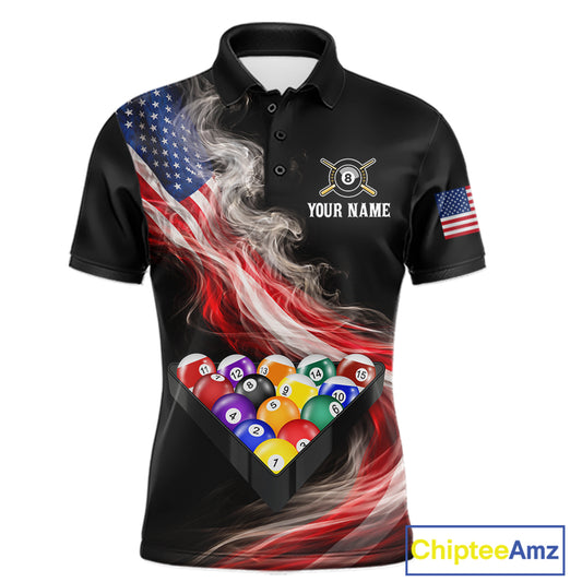 Smoke US Flag Smoke Billiard Polo & 1/4-Zip For Men Custom Patriotic 8 Ball Pool Team Jersey NYN3045