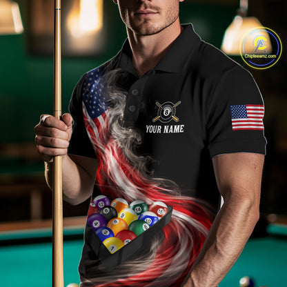 Smoke US Flag Smoke Billiard Polo & 1/4-Zip For Men Custom Patriotic 8 Ball Pool Team Jersey NYN3045
