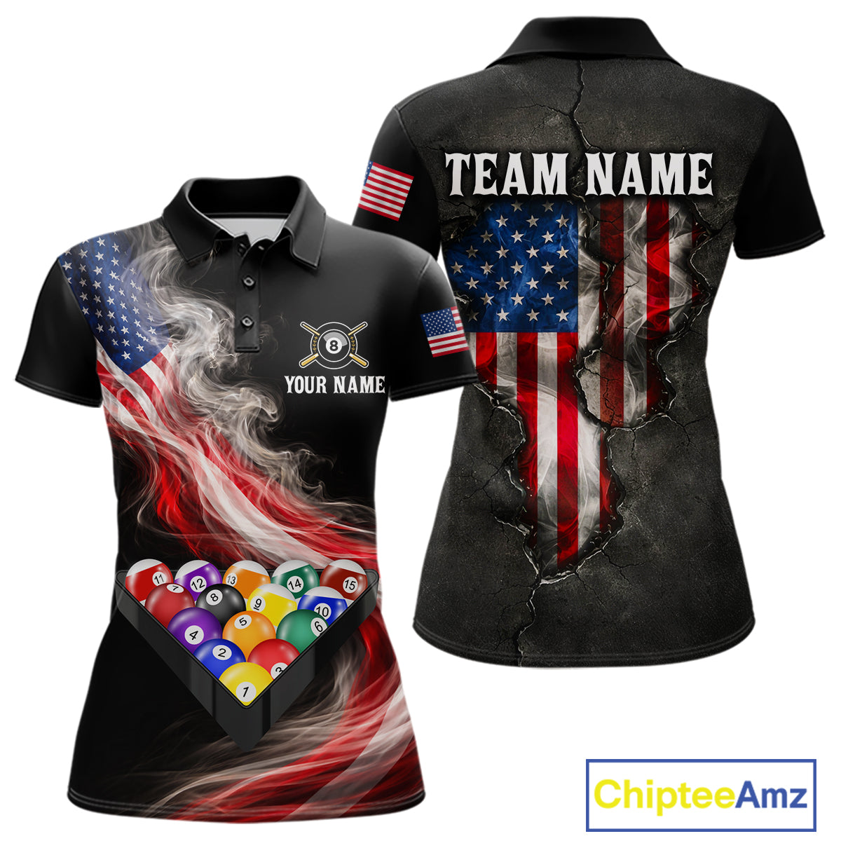 Smoke US Flag Smoke Billiard Polo & 1/4-Zip For Women Custom Patriotic 8 Ball Pool Team Jersey NYN3045