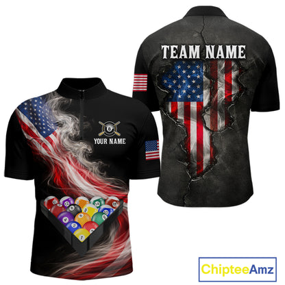 Smoke US Flag Smoke Billiard Polo & 1/4-Zip For Men Custom Patriotic 8 Ball Pool Team Jersey NYN3045