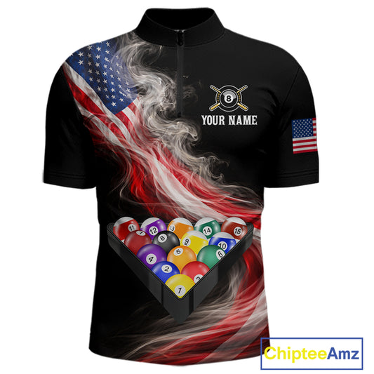 Smoke US Flag Smoke Billiard Polo & 1/4-Zip For Men Custom Patriotic 8 Ball Pool Team Jersey NYN3045