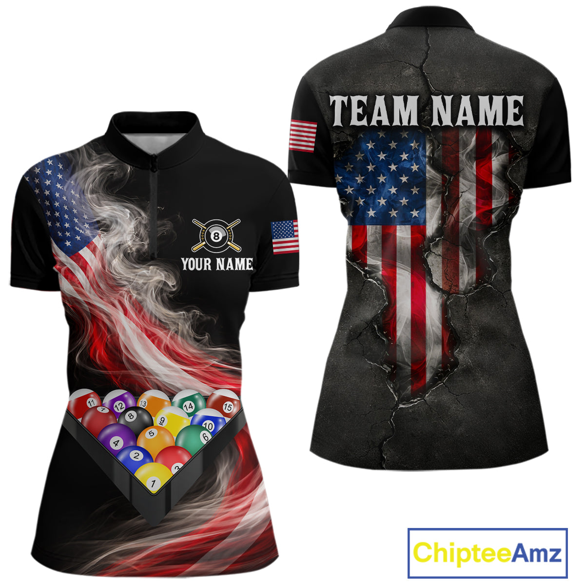 Smoke US Flag Smoke Billiard Polo & 1/4-Zip For Women Custom Patriotic 8 Ball Pool Team Jersey NYN3045