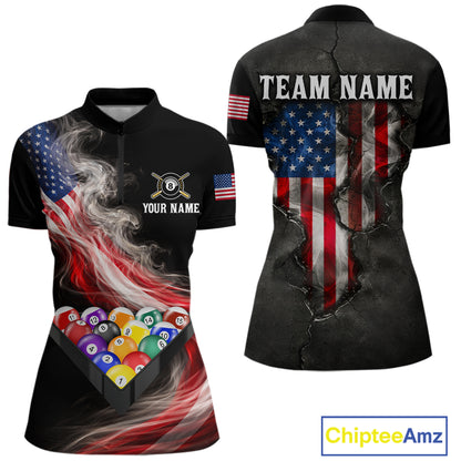 Smoke US Flag Smoke Billiard Polo & 1/4-Zip For Women Custom Patriotic 8 Ball Pool Team Jersey NYN3045