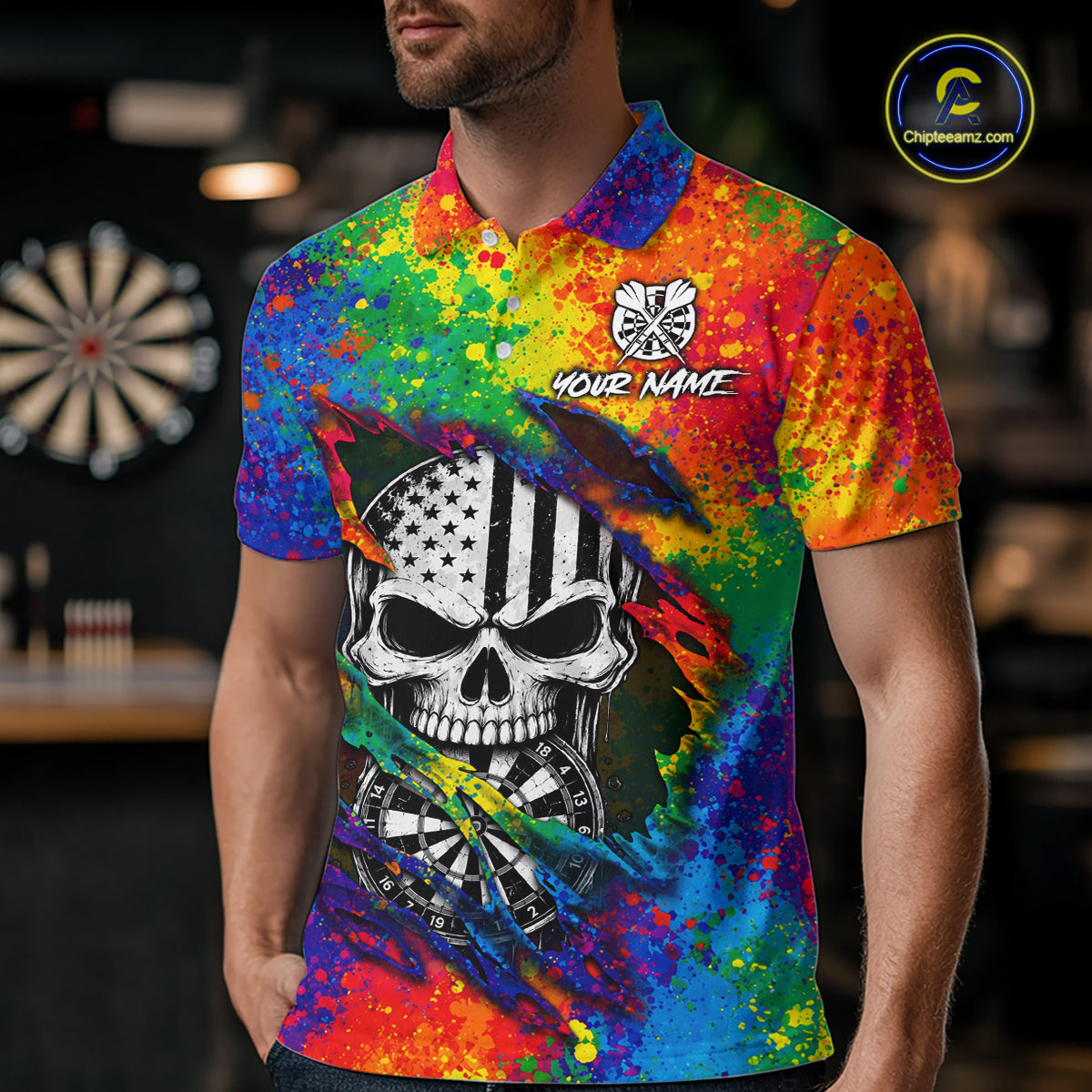 Colorful Splatter Torn Dart Shirt Custom US Flag Skull Darts Team Outfits For Men, Darts Gifts NYN4072