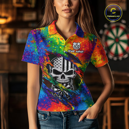 Colorful Splatter Torn Dart Shirt Custom US Flag Skull Darts Team Outfits For Women, Darts Gifts NYN4072