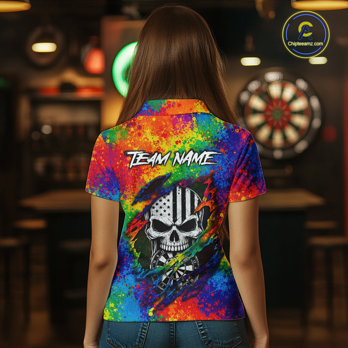 Colorful Splatter Torn Dart Shirt Custom US Flag Skull Darts Team Outfits For Women, Darts Gifts NYN4072