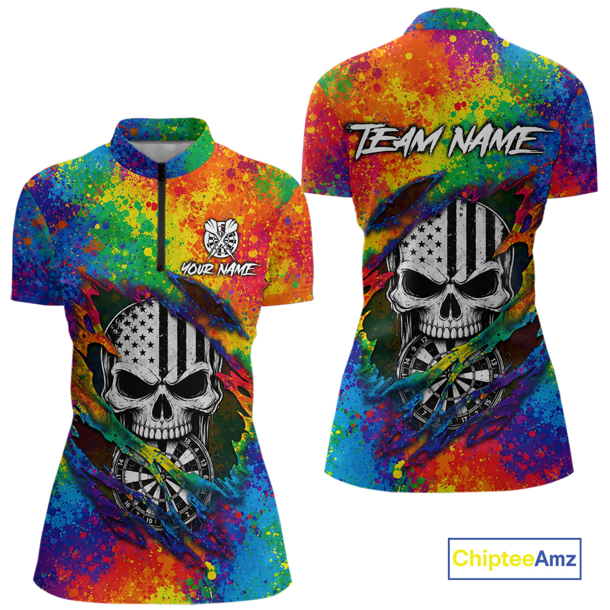 Colorful Splatter Torn Dart Shirt Custom US Flag Skull Darts Team Outfits For Women, Darts Gifts NYN4072