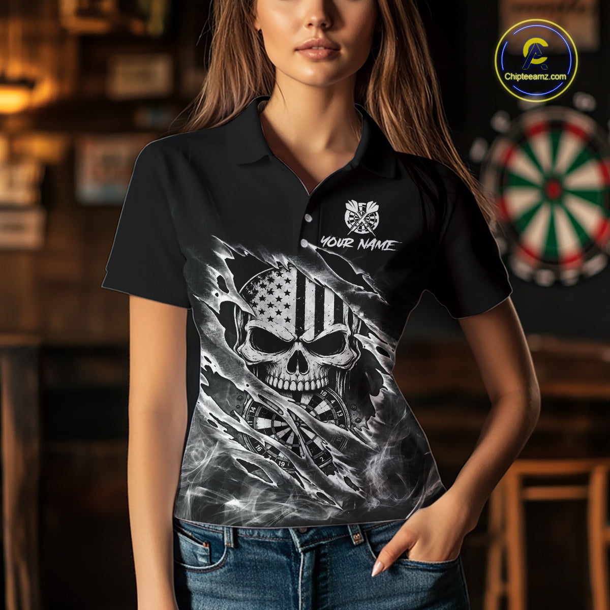 White Smokes Torn Dart Shirt Custom US Flag Skull Darts Team Outfits For Women, Darts Gifts NYN4073