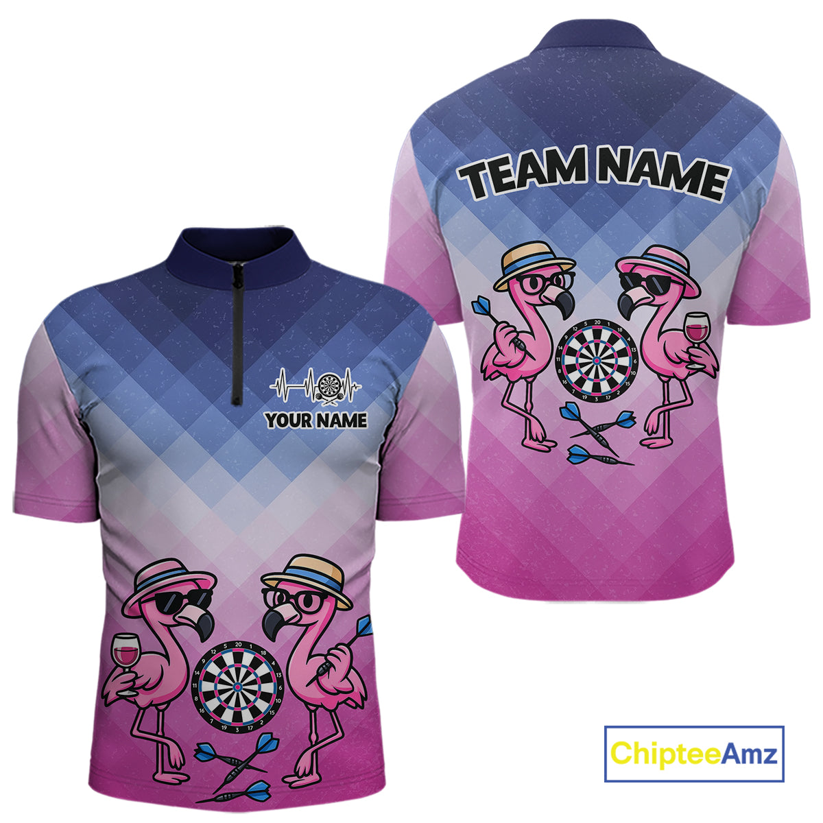 Custom Funny Pink Couple Flamingo Custom Dart Quarter-Zip Shirts For Men Dart Team Jerseys NYN2187