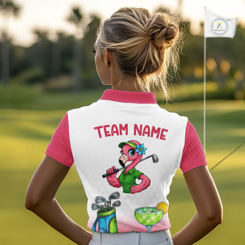 Womens Flamingo Tropical Polo Golf Shirts Custom Pink And White Ball Golf Attire For Golfers NYN3061