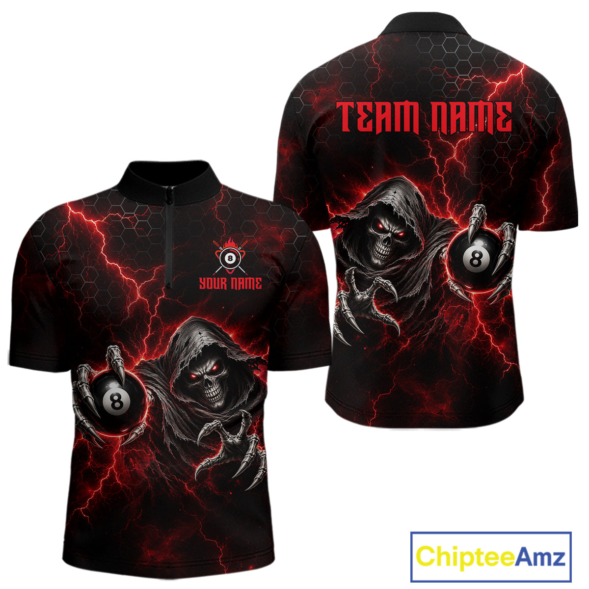 Custom Red Grim Reaper Thunder 8 Ball Pool Billiard Shirt For Men,  Billiard Team Jersey NYN3778