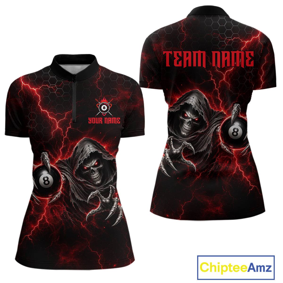 Custom Red Grim Reaper Thunder 8 Ball Pool Billiard Shirt For Women, Billiard Team Jersey NYN3778