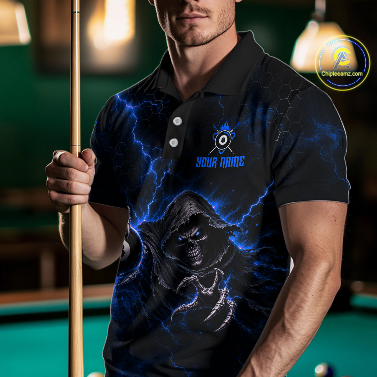 Custom Blue Grim Reaper Thunder 8 Ball Pool Billiard Shirt For Men,  Billiard Team Jersey NYN3779
