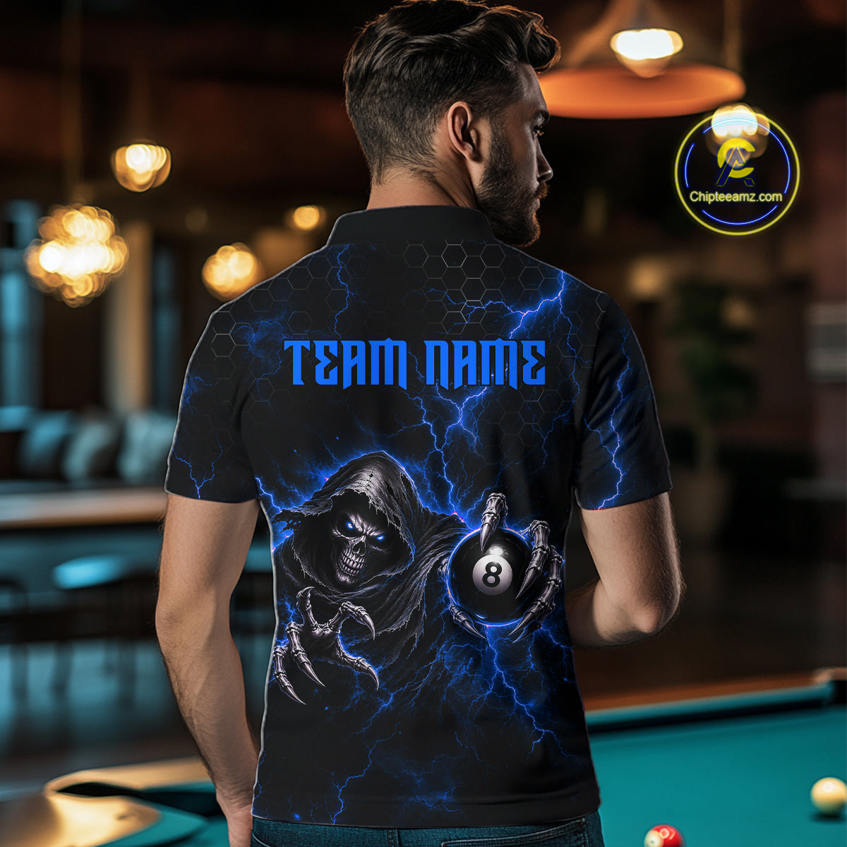 Custom Blue Grim Reaper Thunder 8 Ball Pool Billiard Shirt For Men,  Billiard Team Jersey NYN3779