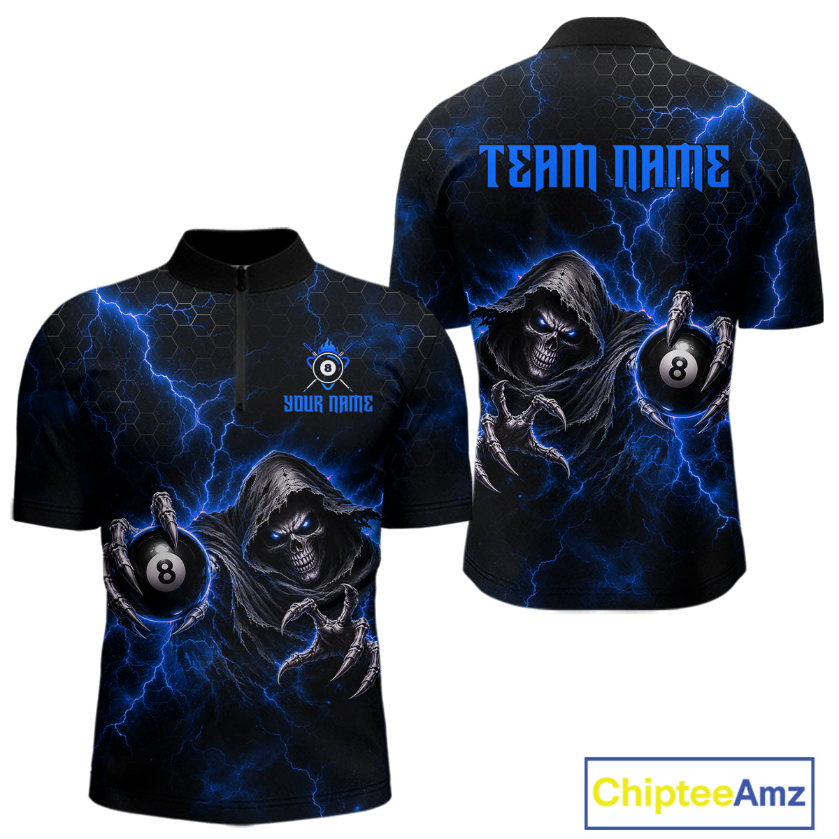 Custom Blue Grim Reaper Thunder 8 Ball Pool Billiard Shirt For Men,  Billiard Team Jersey NYN3779