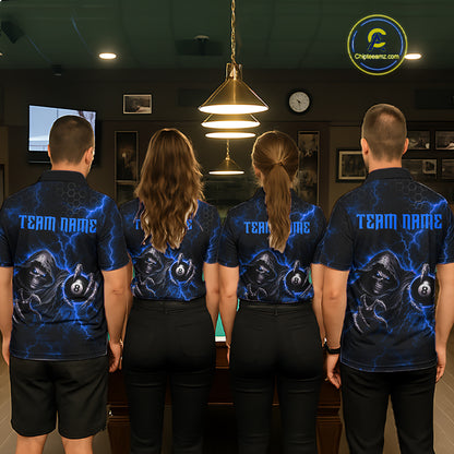 Custom Blue Grim Reaper Thunder 8 Ball Pool Billiard Shirt For Women, Billiard Team Jersey NYN3779