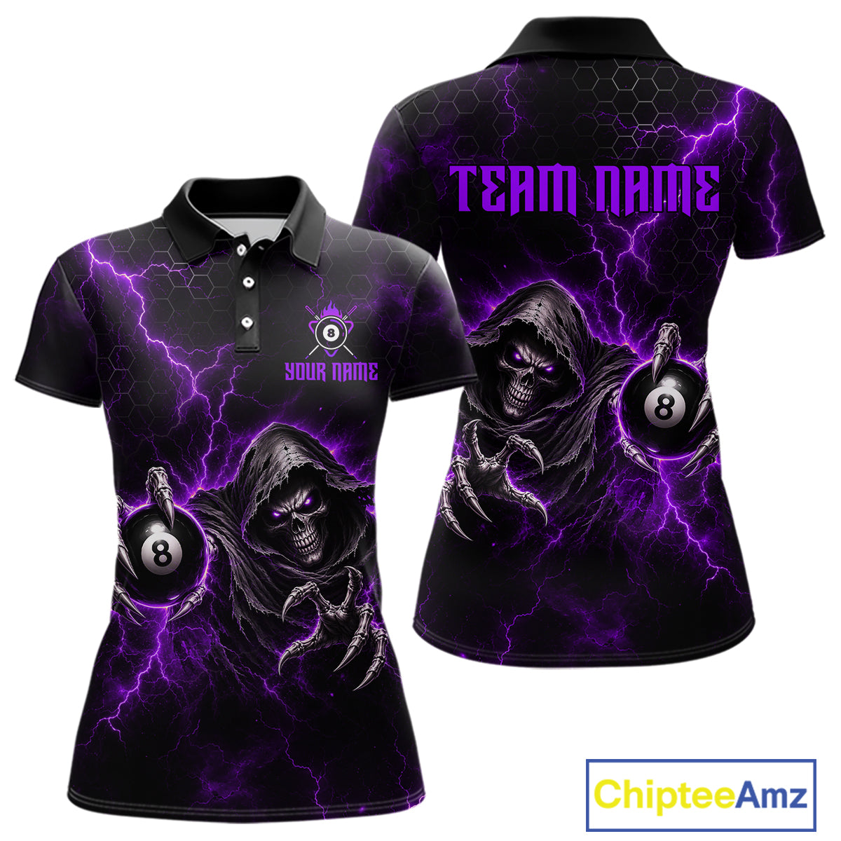 Custom Purple Grim Reaper Thunder 8 Ball Pool Billiard Shirt For Women, Billiard Team Jersey NYN3780