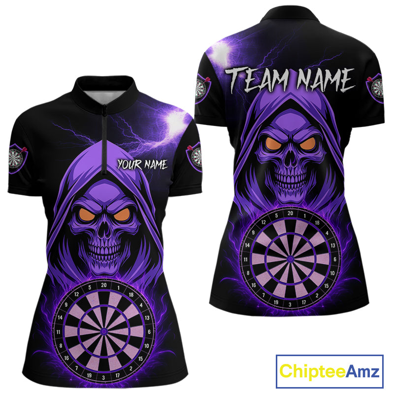 Custom Skeleton Purple Flames Dartboard Dart Women Quarter-Zip Jerseys Outfits Dart Team Shirt NYN1664