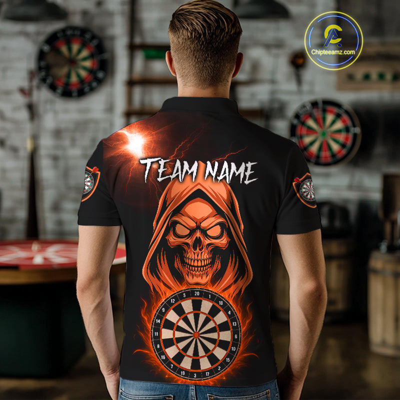 Custom Skeleton Orange Flames Dartboard Dart Men Polo Jerseys Outfits Dart Team Shirt NYN1666