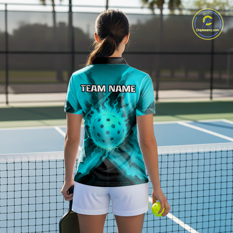 Custom Fire Flame Turquoise Pickleball Ball T-Shirt For Women Outfits Pickleball Jerseys NYN2485