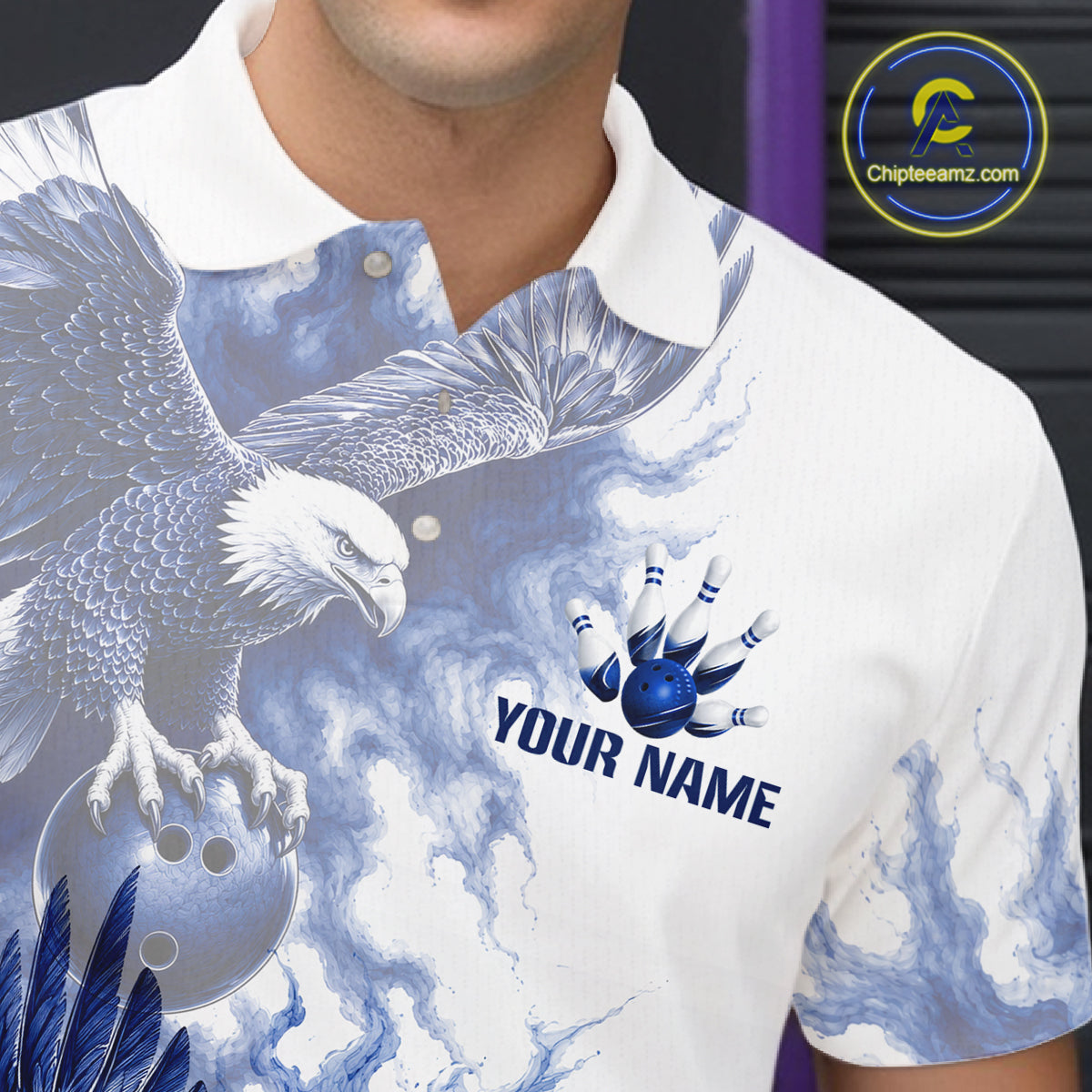 Male bowler modeling Eagle bowling shirt, patriotic sportswear, veteran appreciation, American pride, championship bowling jersey, athletic lifestyle clothing.
