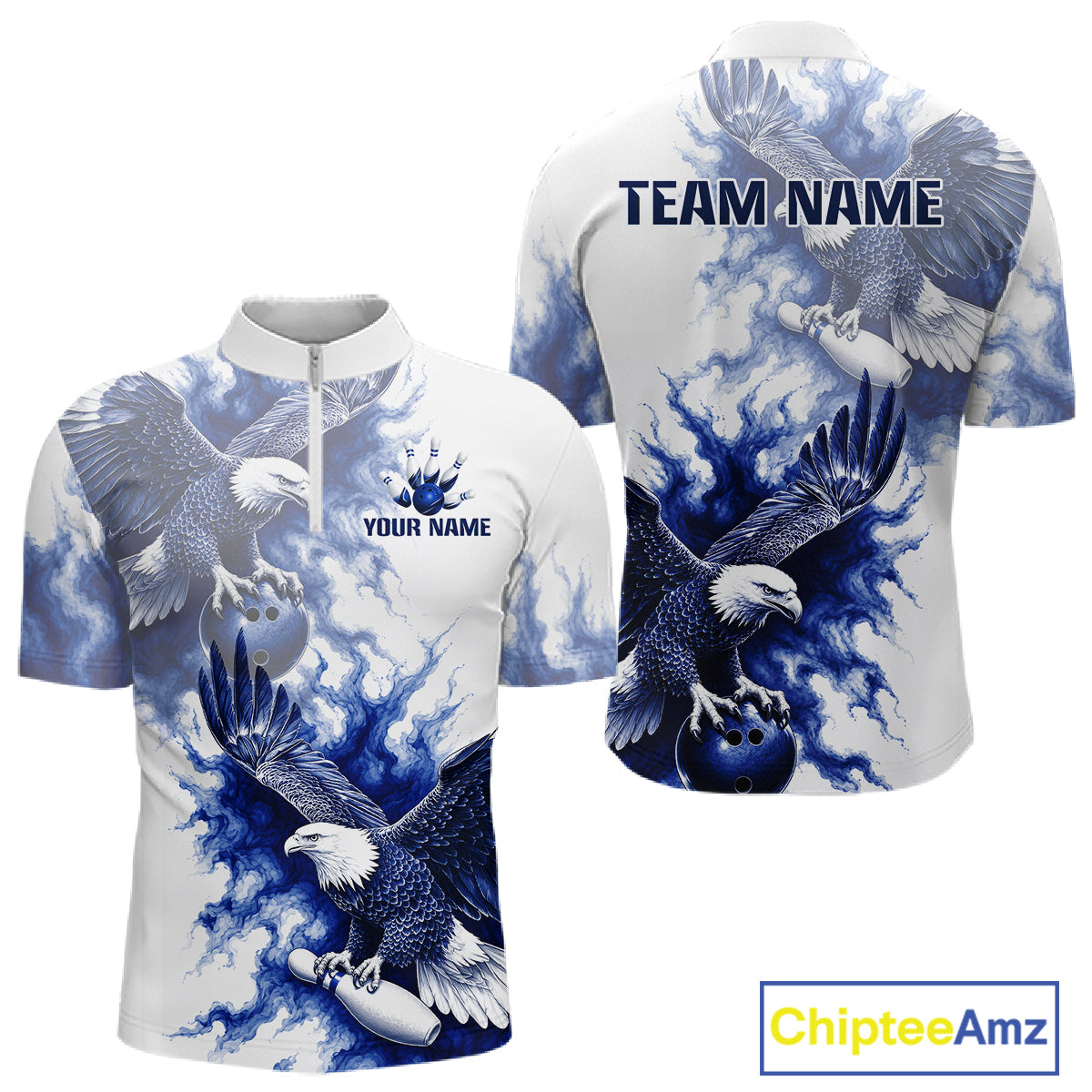 Blue & White Eagle Quarter-Zip Bowling Jersey with custom bowling team graphics, performance sportswear, USA-inspired eagle artwork, championship bowling apparel.