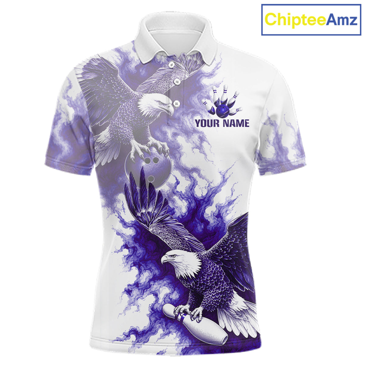 Purple & White Eagle Bowling Polo featuring custom player name, majestic eagle artwork, moisture-wicking bowling apparel, personalized tournament jersey, championship sportswear.