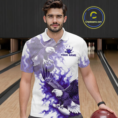 Male athlete wearing Purple Eagle bowling polo, eagle symbolism, leadership, courage, competitive bowling apparel, championship sportswear.