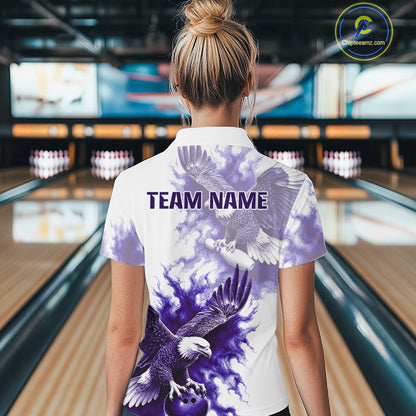 Female athlete modeling Purple Eagle bowling jersey representing confidence, strength, freedom, determination, personalized bowling apparel, modern sports fashion.