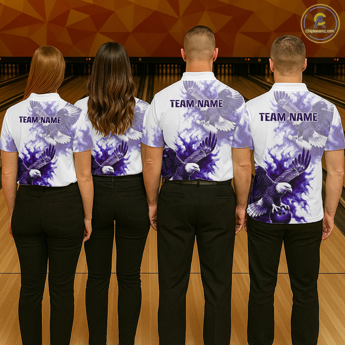 Professional bowling team wearing matching Purple Eagle jerseys, personalized team names, patriotic-inspired sportswear, championship uniforms, teamwork, excellence, competitive league apparel.