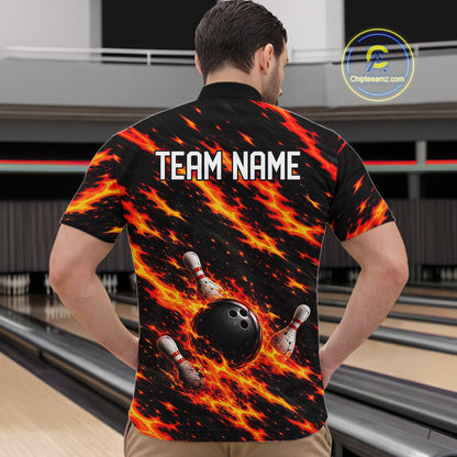 Black And Red Fire Bowling Shirt For Men Custom Flame Bowling Team Polo Quarter-Zip Shirt NYN4095
