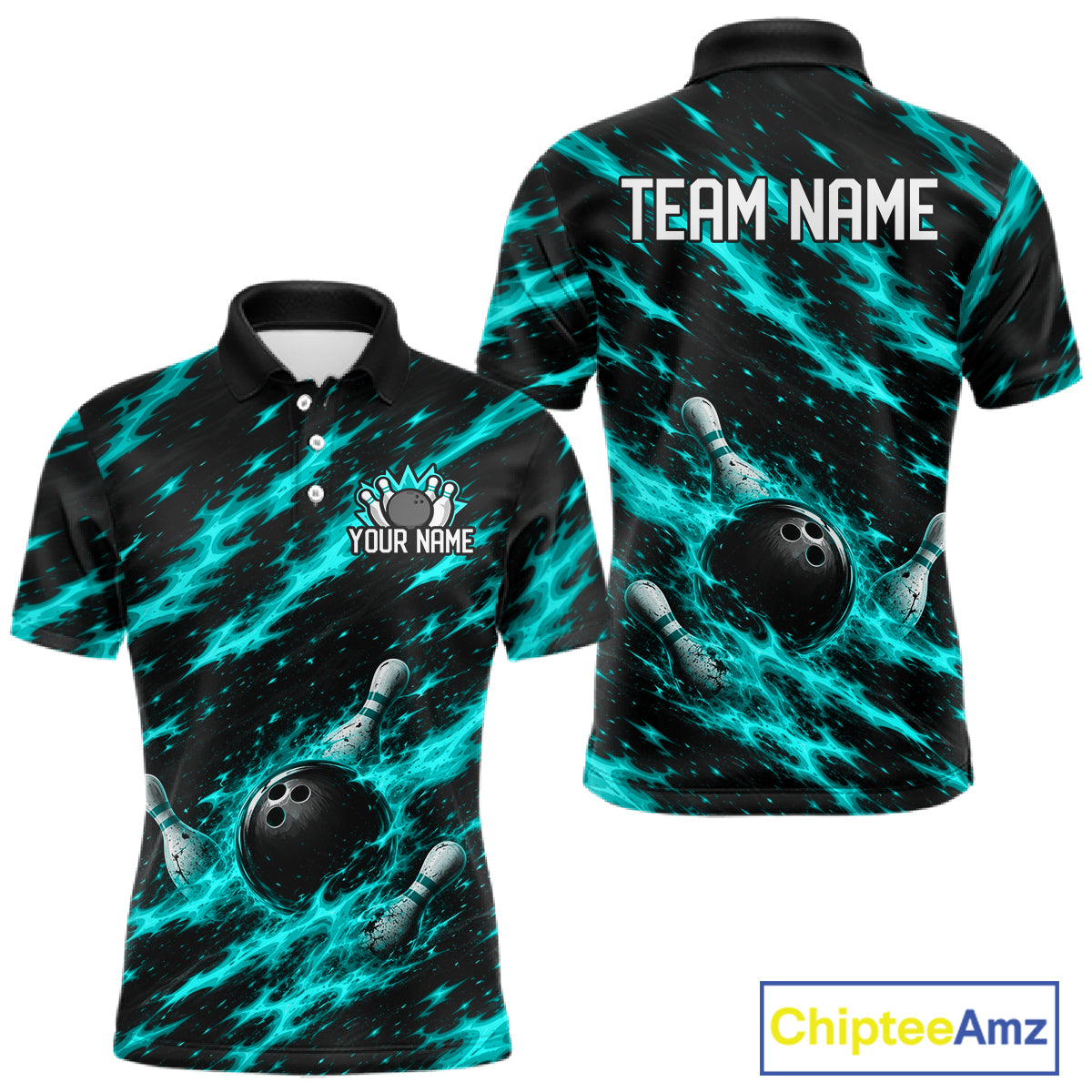 Black And Turquoise Fire Bowling Shirt For Men Custom Flame Bowling Team Polo Quarter-Zip Shirt NYN4096