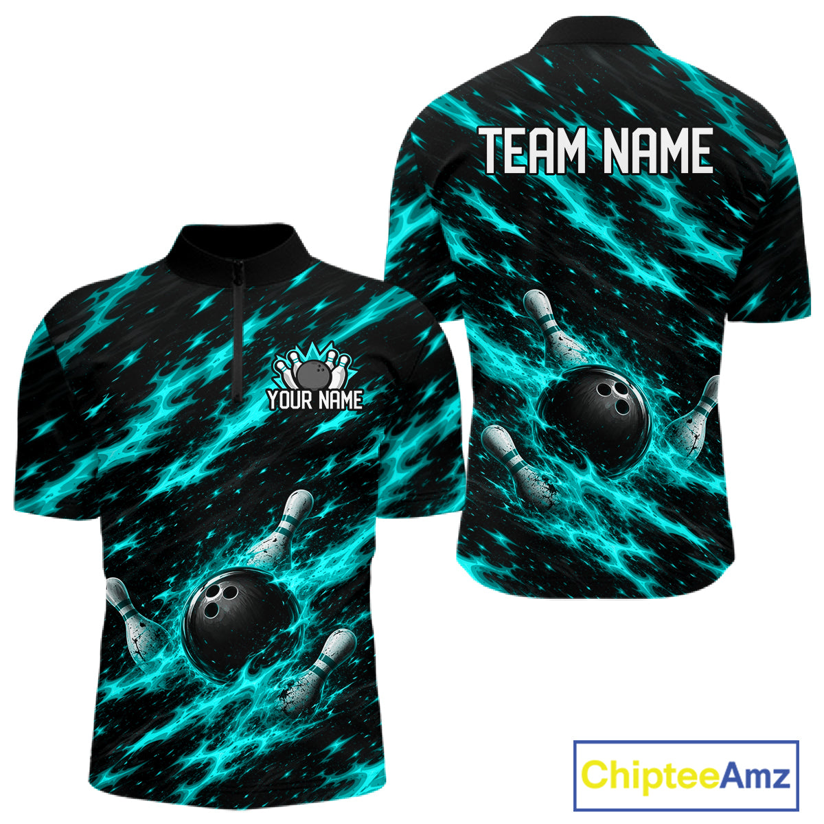 Black And Turquoise Fire Bowling Shirt For Men Custom Flame Bowling Team Polo Quarter-Zip Shirt NYN4096
