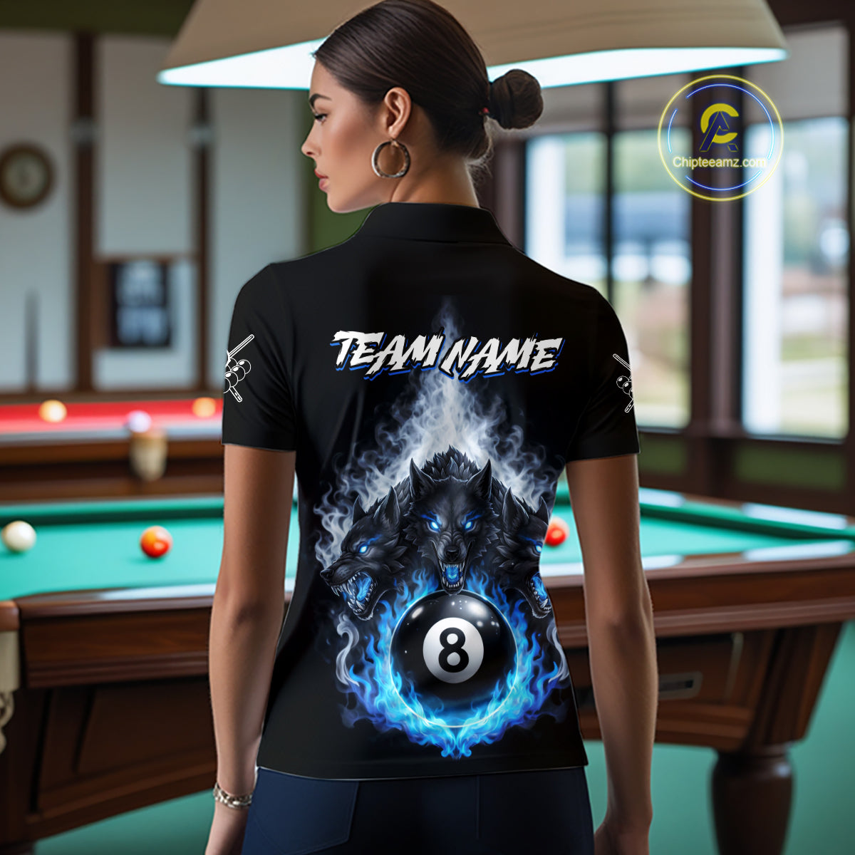 Custom Horror Wolfs Black Blue Smokes Pool 8 Ball Women's Billiard Team Shirt Billiard Attire NYN2503