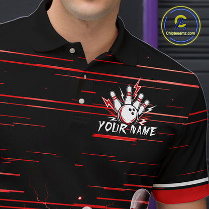 Red Horizontal Stripes Mens Bowling Shirt Personalized Thunder Lightning Team Bowling Jersey NYN3233