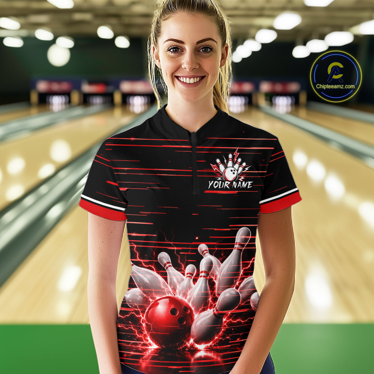 Red Horizontal Stripes Women Bowling Shirt Personalized Thunder Lightning Team Bowling Jersey NYN3233