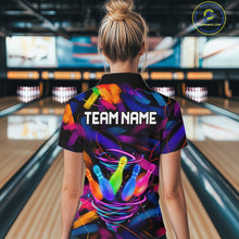 Load image into Gallery viewer, Female bowler wearing Neon Tornado Bowling Pins bowling jersey during tournament and league play