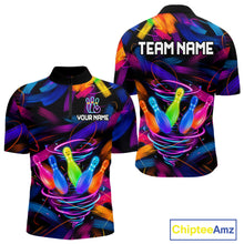 Load image into Gallery viewer, Funny Neon Tornado Bowling Pins men's quarter zip bowling shirt personalized bowling league uniform